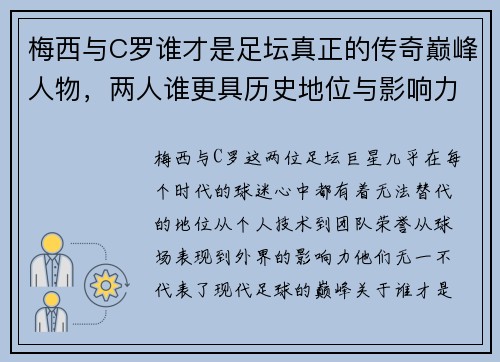 梅西与C罗谁才是足坛真正的传奇巅峰人物，两人谁更具历史地位与影响力