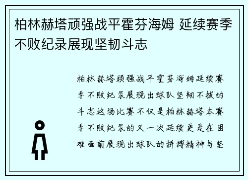 柏林赫塔顽强战平霍芬海姆 延续赛季不败纪录展现坚韧斗志