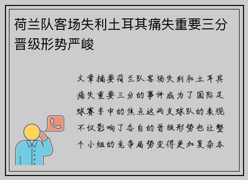荷兰队客场失利土耳其痛失重要三分晋级形势严峻