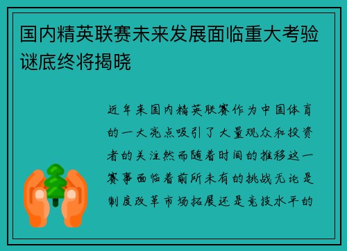 国内精英联赛未来发展面临重大考验谜底终将揭晓